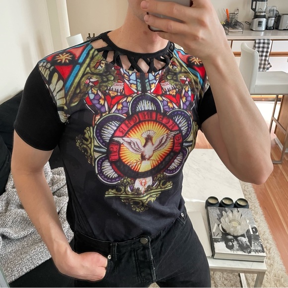 Reworked colorful one of a kind clubbing it boy cutout short sleeve tee size S - Picture 13 of 14